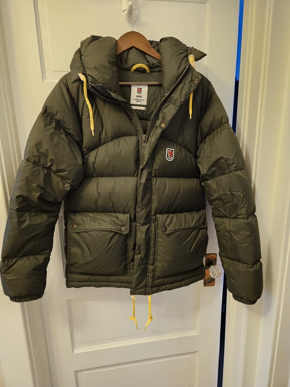 Fjallraven Expedition Down Parka Olive Green Down with Yellow Accents